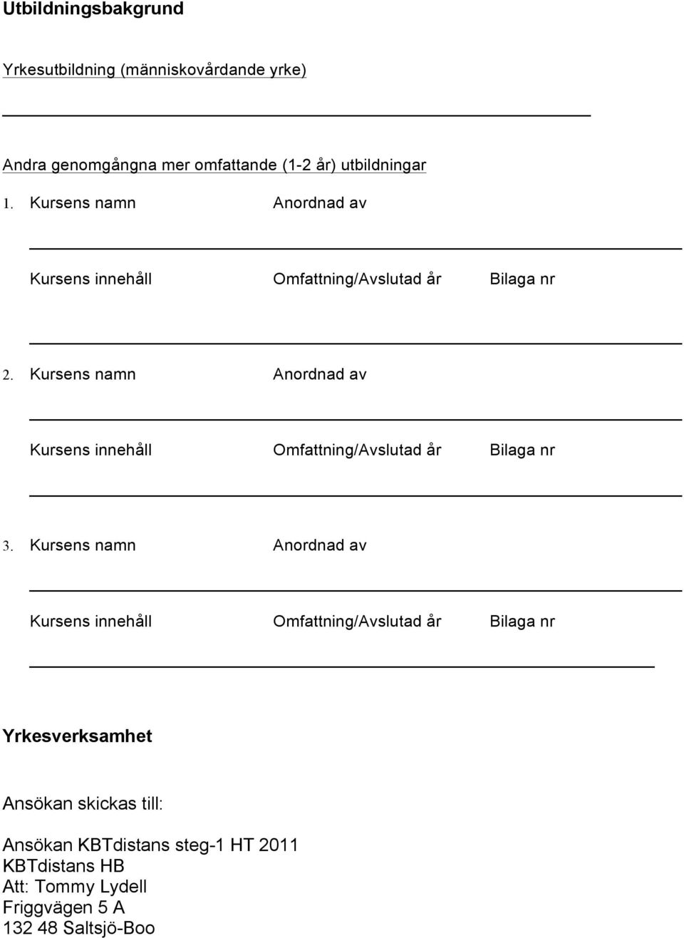 Kursens namn Anordnad av Kursens innehåll Omfattning/Avslutad år Bilaga nr 2.