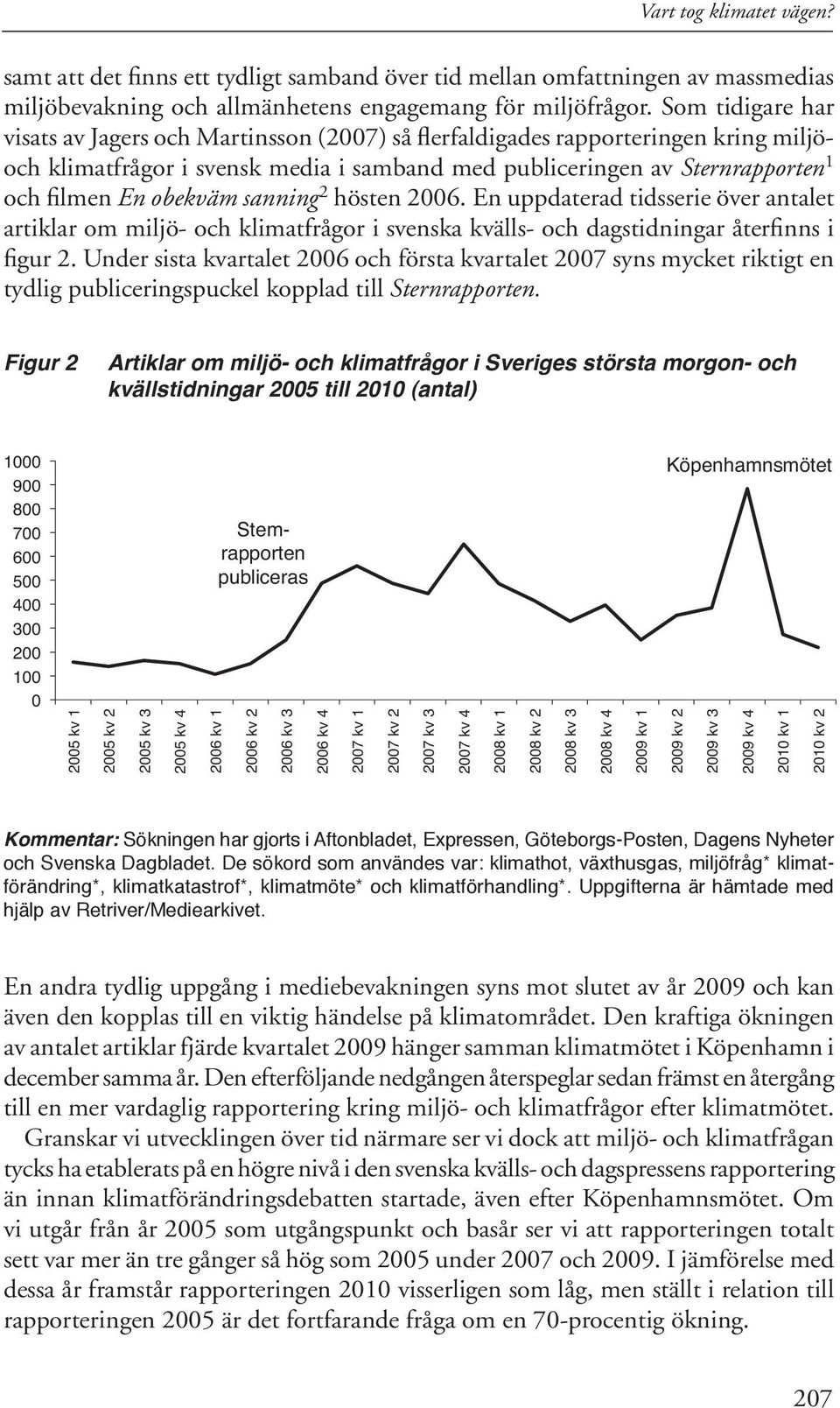 sanning 2 hösten 6. En uppdaterad tidsserie över antalet artiklar om miljö- och klimatfrågor i svenska kvälls- och dagstidningar återfinns i figur 2.