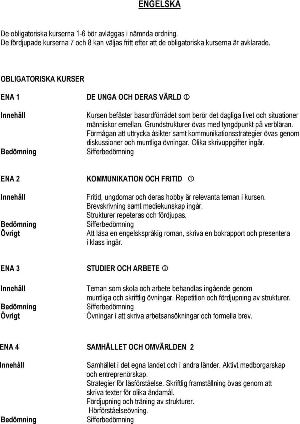 Förmågan att uttrycka åsikter samt kommunikationsstrategier övas genom diskussioner och muntliga övningar. Olika skrivuppgifter ingår.