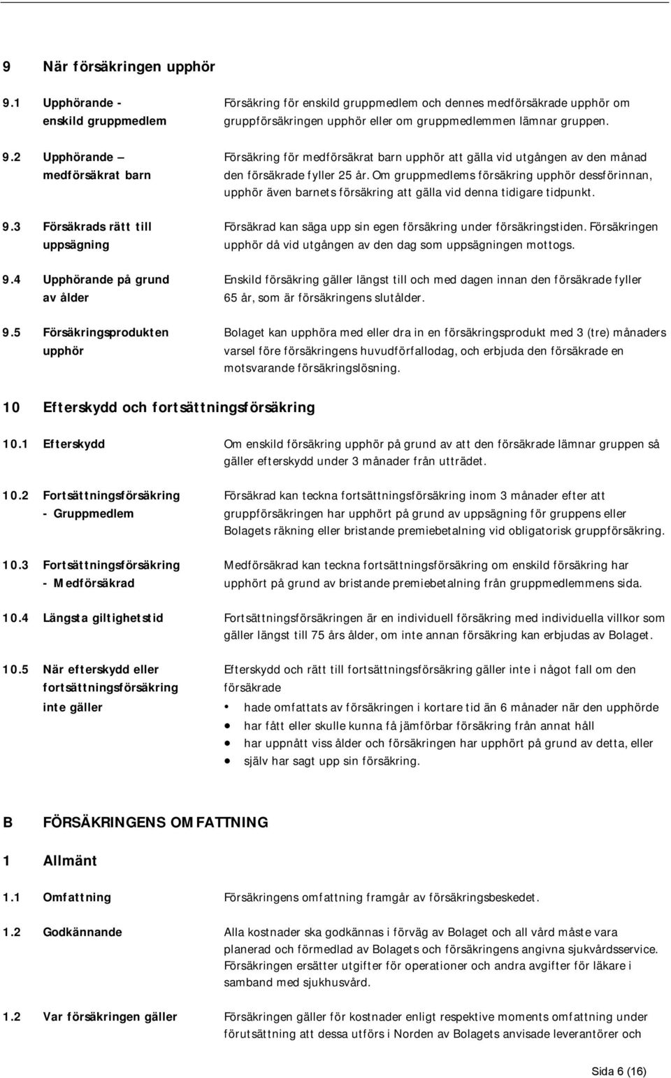 3 Försäkrads rätt till Försäkrad kan säga upp sin egen försäkring under försäkringstiden. Försäkringen uppsägning upphör då vid utgången av den dag som uppsägningen mottogs. 9.