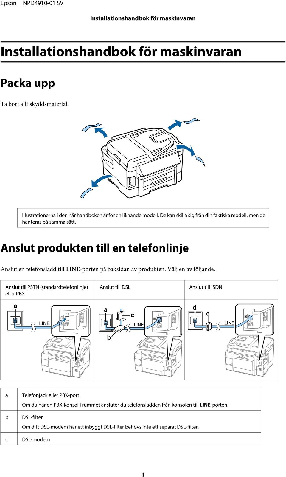 Anslut produkten till en telefonlinje Anslut en telefonsladd till LINE-porten på baksidan av produkten. Välj en av följande.