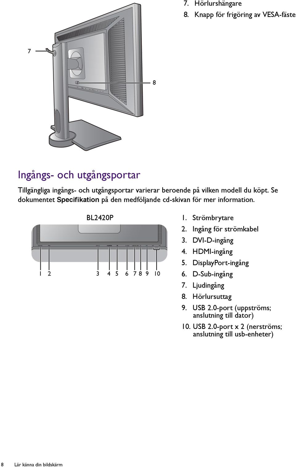 modell du köpt. Se dokumentet Specifikation på den medföljande cd-skivan för mer information. BL2420P 1 2 3 4 5 6 7 8 9 10 1.