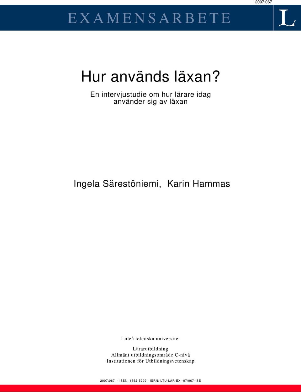 Särestöniemi, Karin Hammas Luleå tekniska universitet Lärarutbildning
