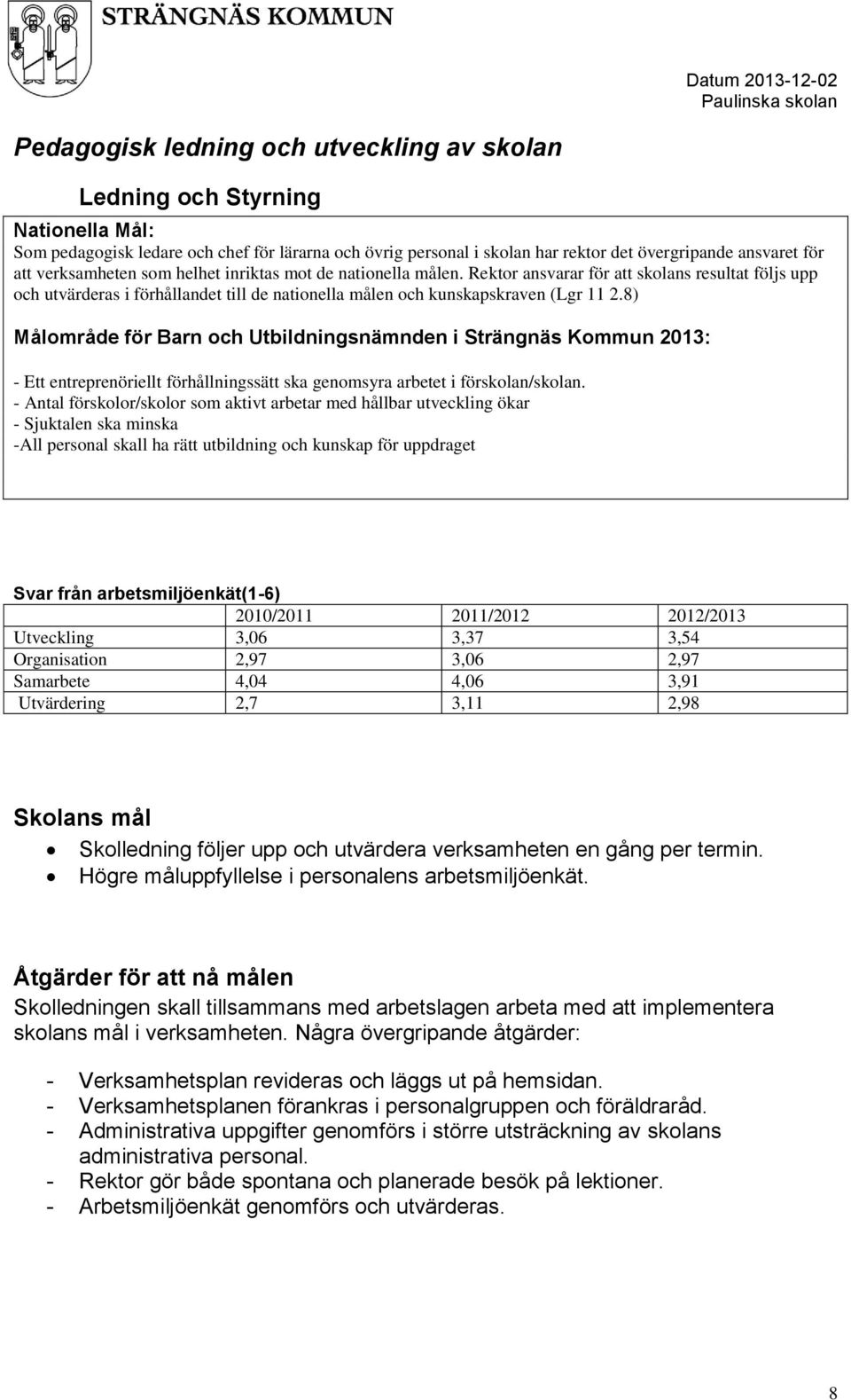 8) Målområde för Barn och Utbildningsnämnden i Strängnäs Kommun 2013: - Ett entreprenöriellt förhållningssätt ska genomsyra arbetet i förskolan/skolan.