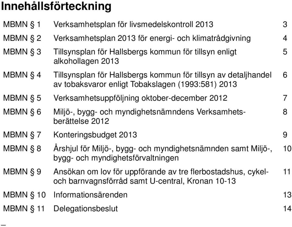 2012 7 MBMN 6 Miljö-, bygg- och myndighetsnämndens Verksamhetsberättelse 2012 MBMN 7 Konteringsbudget 2013 9 MBMN 8 MBMN 9 Årshjul för Miljö-, bygg- och myndighetsnämnden samt Miljö-, bygg- och