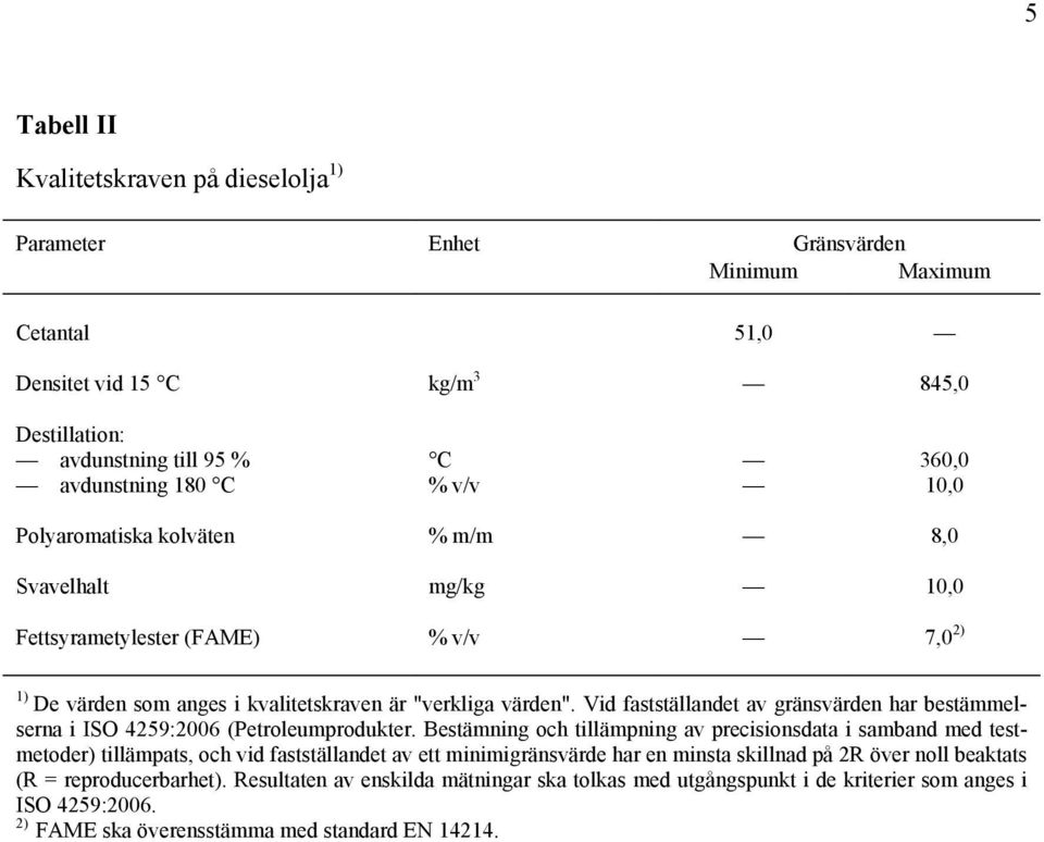 Vid fastställandet av gränsvärden har bestämmelserna i ISO 4259:2006 (Petroleumprodukter.