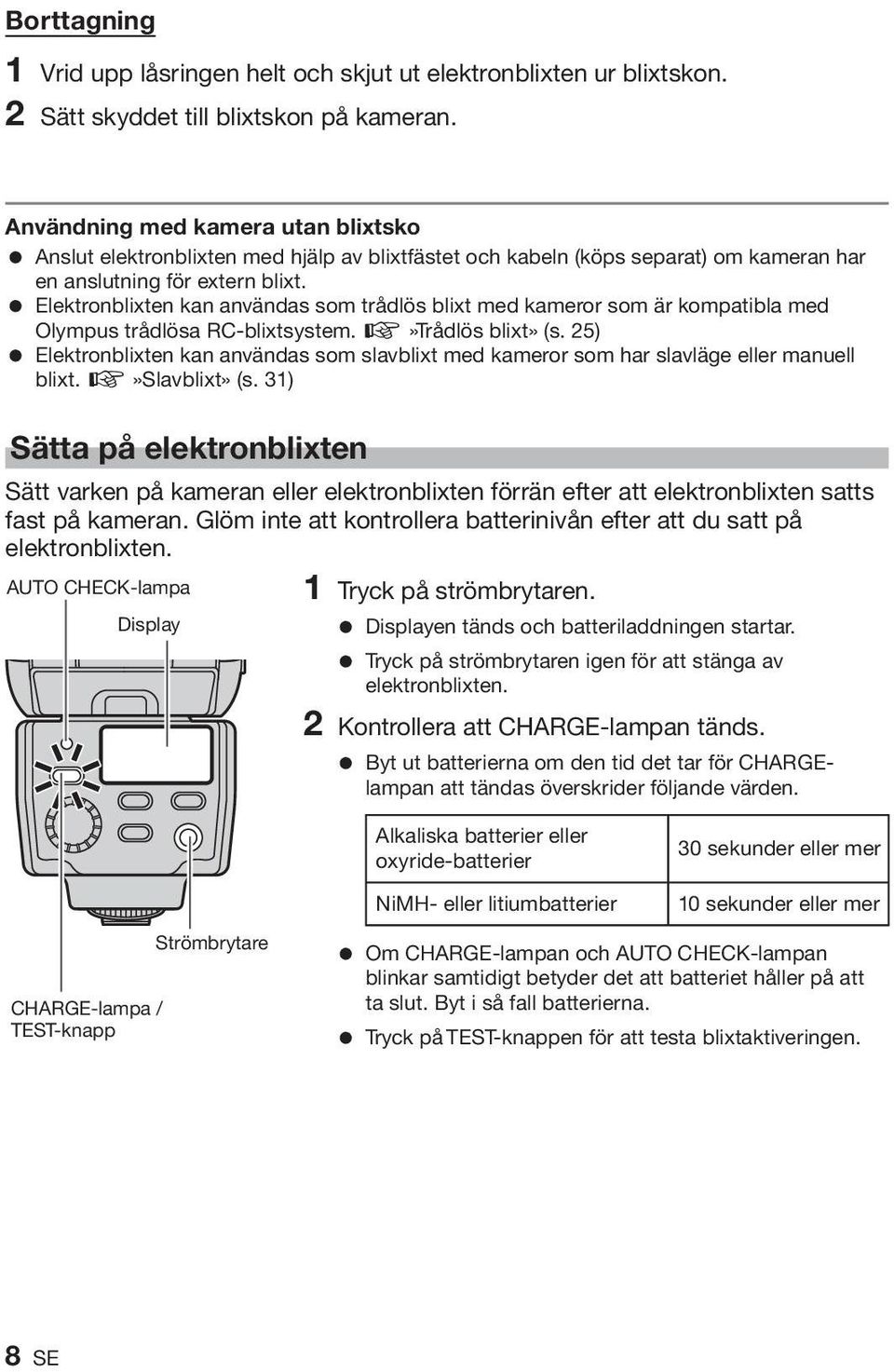 = Elektronblixten kan användas som trådlös blixt med kameror som är kompatibla med Olympus trådlösa RC-blixtsystem. g»trådlös blixt» (s.