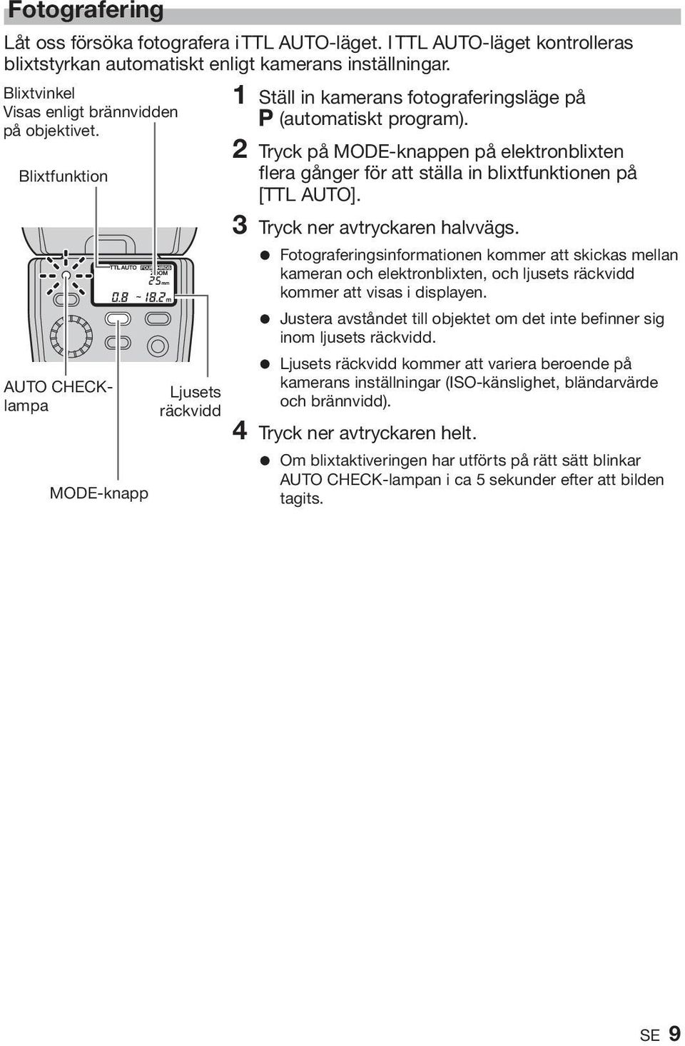 2 Tryck på MODE-knappen på elektronblixten flera gånger för att ställa in blixtfunktionen på [TTL AUTO]. 3 Tryck ner avtryckaren halvvägs.