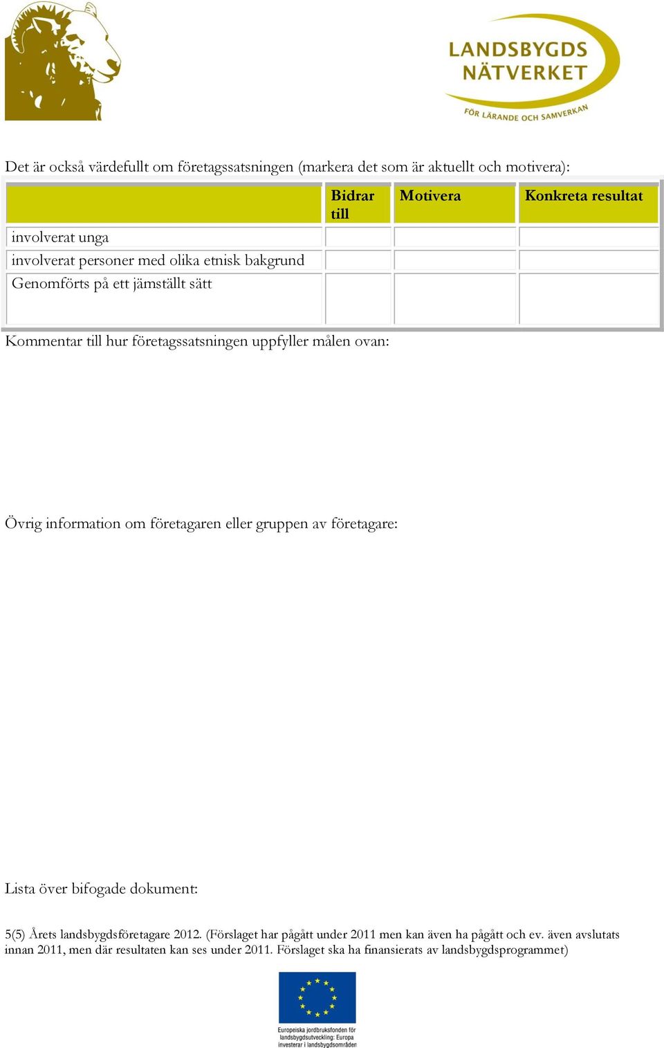 hur företagssatsningen uppfyller målen ovan: Övrig information om företagaren eller gruppen av företagare: Lista över