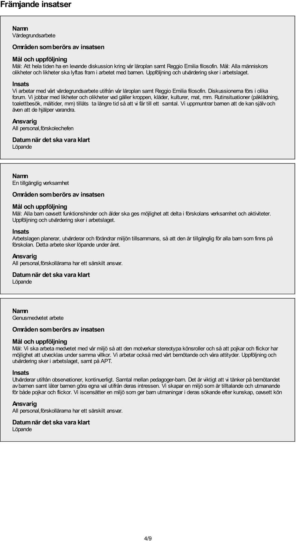 Insats Vi arbetar med vårt värdegrundsarbete utifrån vår läroplan samt Reggio Emilia filosofin. Diskussionerna förs i olika forum.