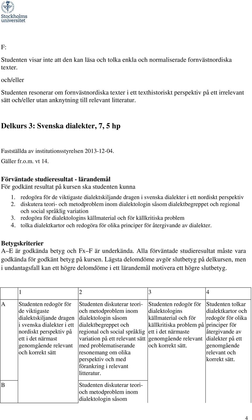 Fastställda av institutionsstyrelsen 2013-12-04. Gäller fr.o.m. vt 14. Förväntade studieresultat - lärandemål För godkänt resultat på kursen ska studenten kunna 1. redogöra för nordiskt perspektiv 2.