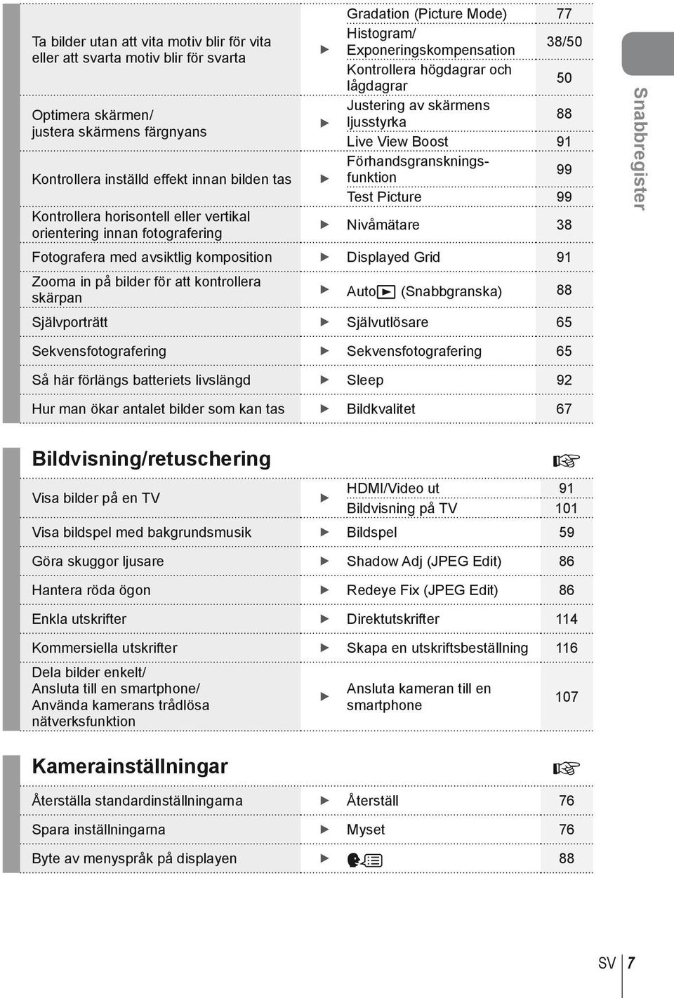 horisontell eller vertikal orientering innan fotografering Nivåmätare 38 Fotografera med avsiktlig komposition Displayed Grid 91 Zooma in på bilder för att kontrollera skärpan Autoq (Snabbgranska) 88