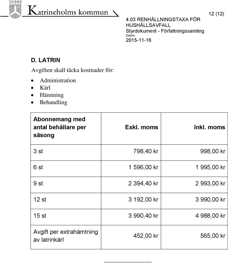 Abonnemang med antal behållare per säsong Exkl. moms Inkl.