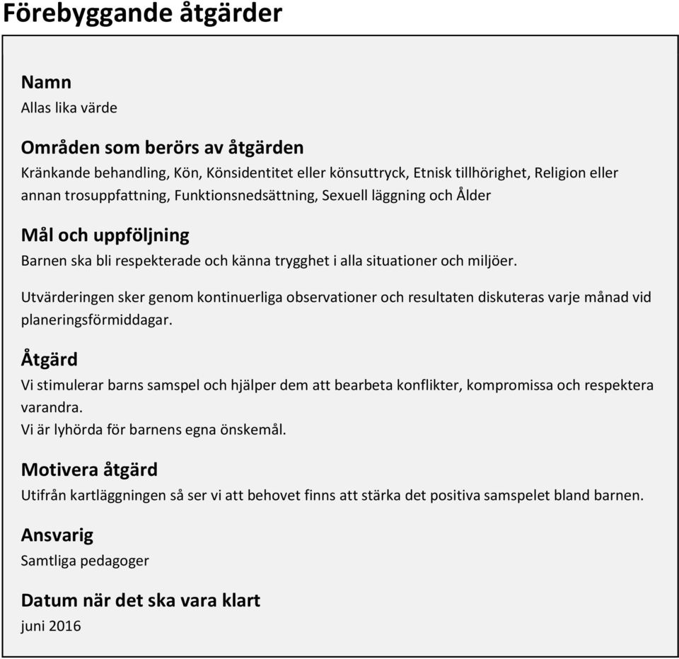 Utvärderingen sker genom kontinuerliga observationer och resultaten diskuteras varje månad vid planeringsförmiddagar.