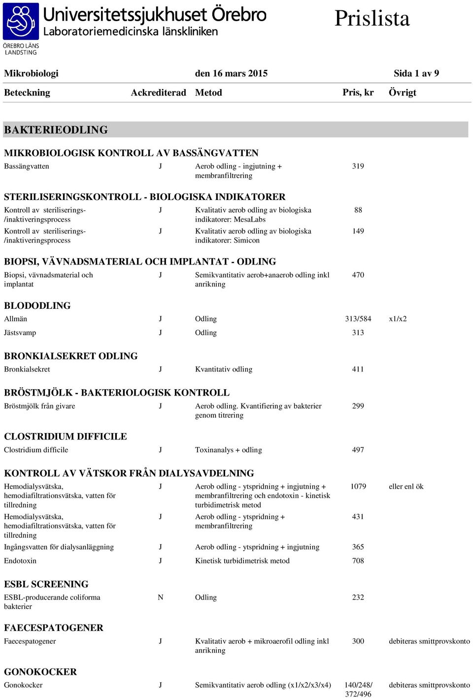 odling av biologiska indikatorer: Simicon BIOPSI, VÄVNADSMATERIAL OCH IMPLANTAT - ODLING Biopsi, vävnadsmaterial och implantat Semikvantitativ aerob+anaerob odling inkl 319 88 149 BLODODLING Allmän