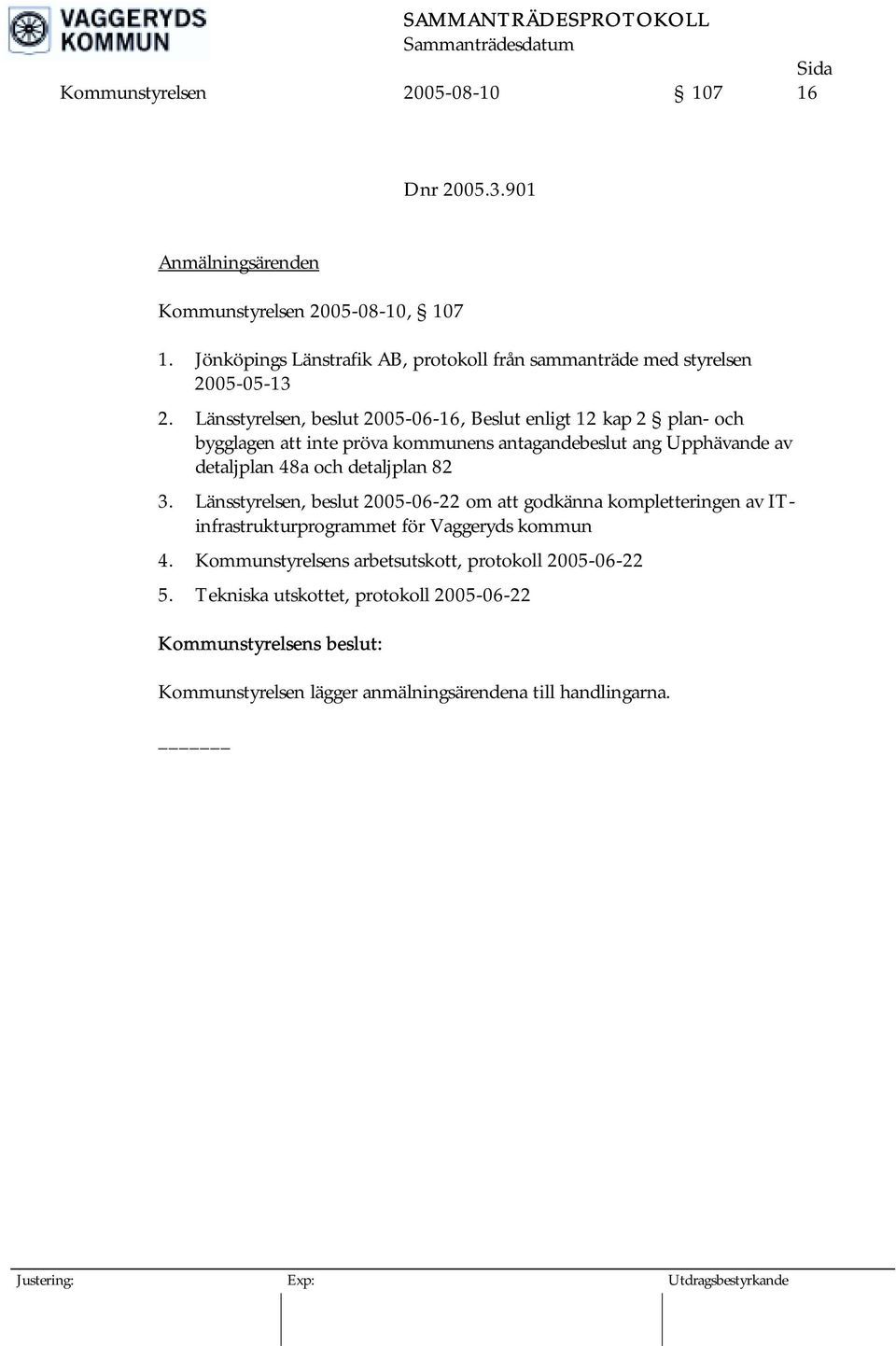 Länsstyrelsen, beslut 2005-06-16, Beslut enligt 12 kap 2 plan- och bygglagen att inte pröva kommunens antagandebeslut ang Upphävande av detaljplan 48a och detaljplan