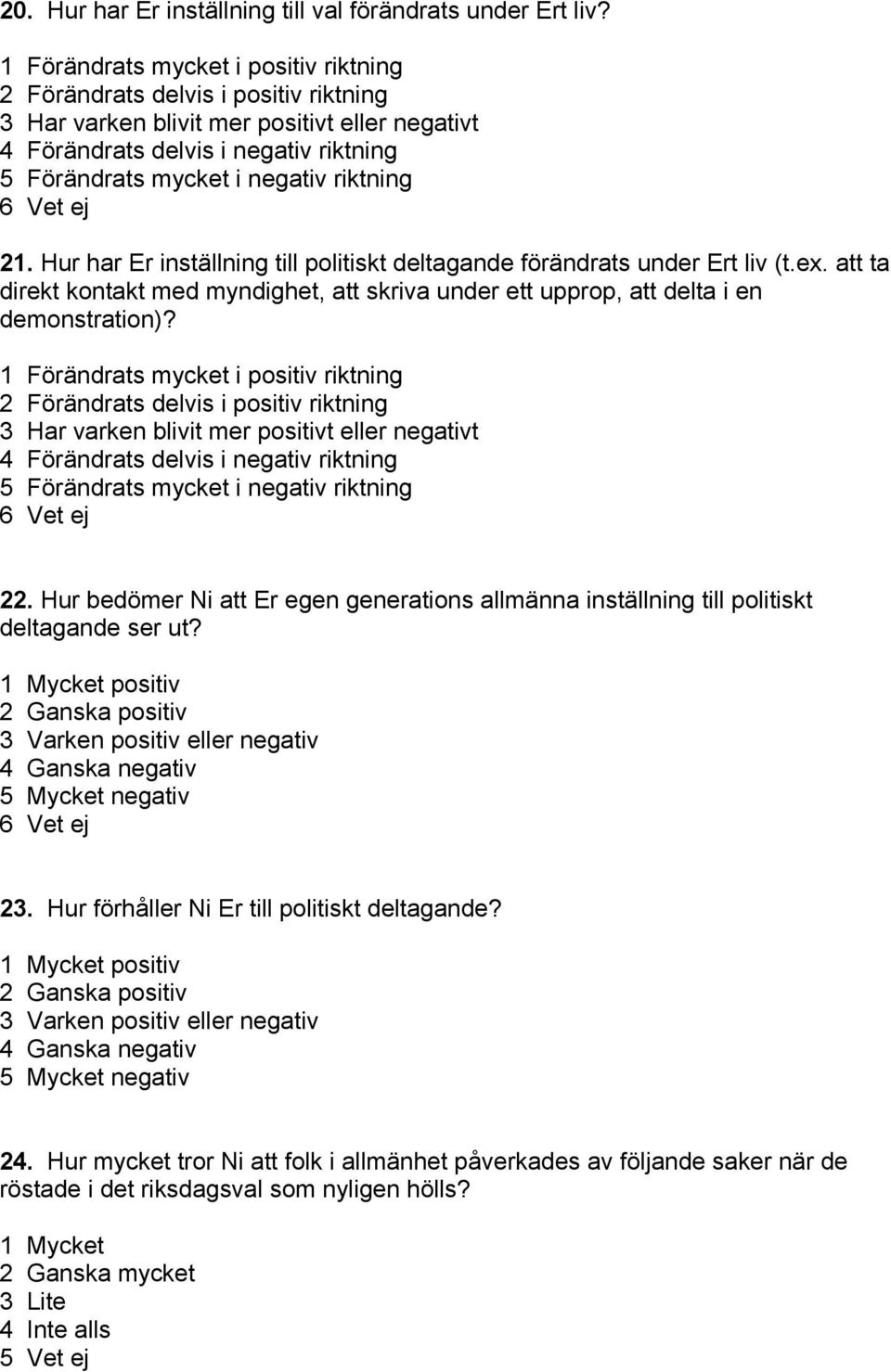 riktning 6 Vet ej 21. Hur har Er inställning till politiskt deltagande förändrats under Ert liv (t.ex. att ta direkt kontakt med myndighet, att skriva under ett upprop, att delta i en demonstration)?