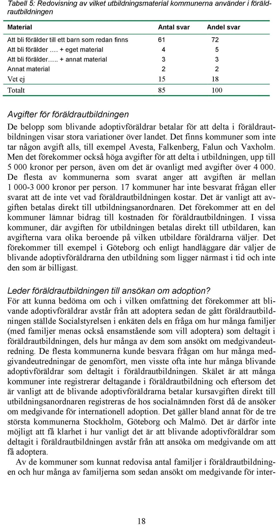 . + annat material 3 3 Annat material 2 2 Vet ej 15 18 Totalt 85 100 Avgifter för föräldrautbildningen De belopp som blivande adoptivföräldrar betalar för att delta i föräldrautbildningen visar stora