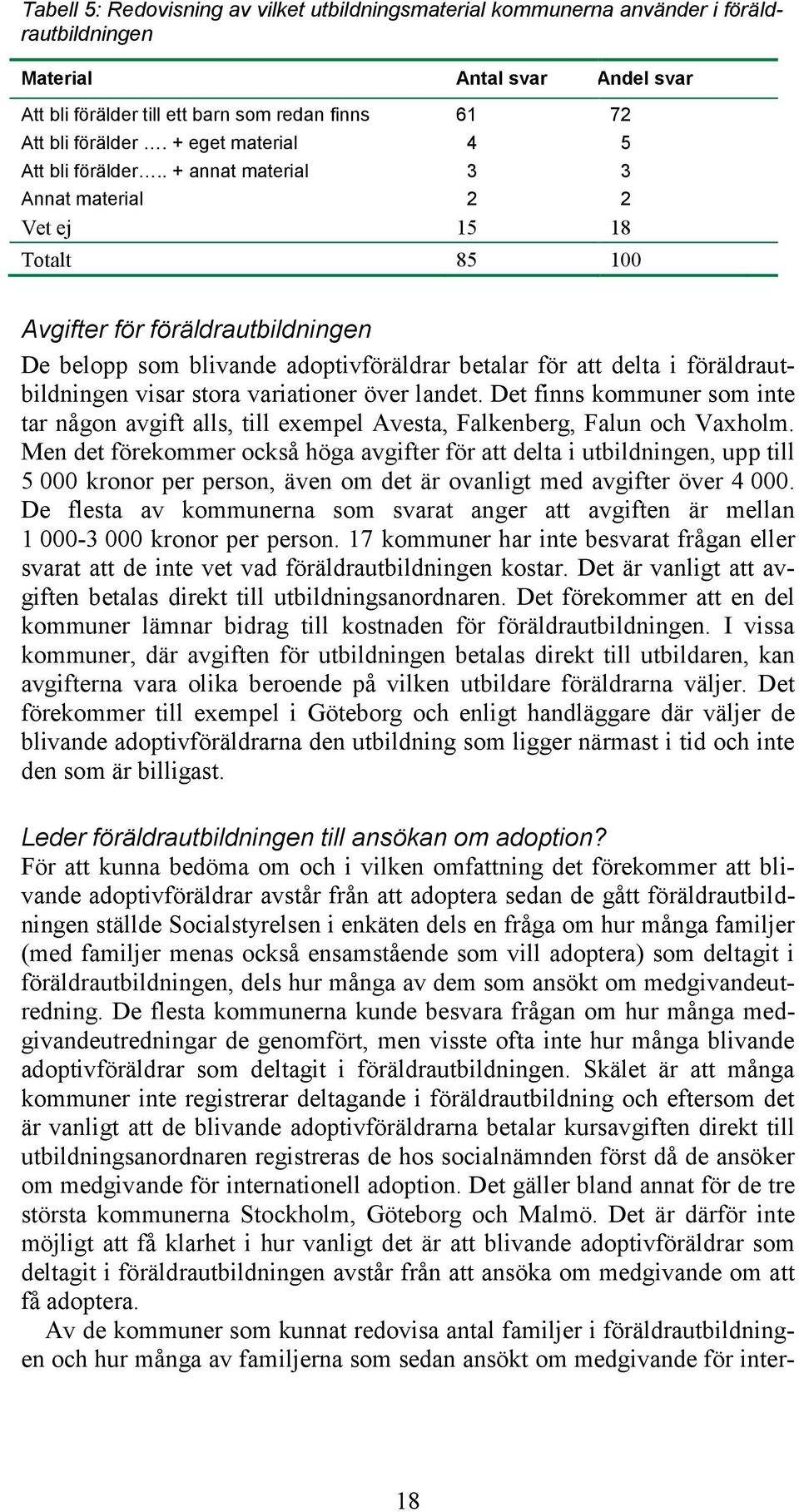 . + annat material 3 3 Annat material 2 2 Vet ej 15 18 Totalt 85 100 Avgifter för föräldrautbildningen De belopp som blivande adoptivföräldrar betalar för att delta i föräldrautbildningen visar stora