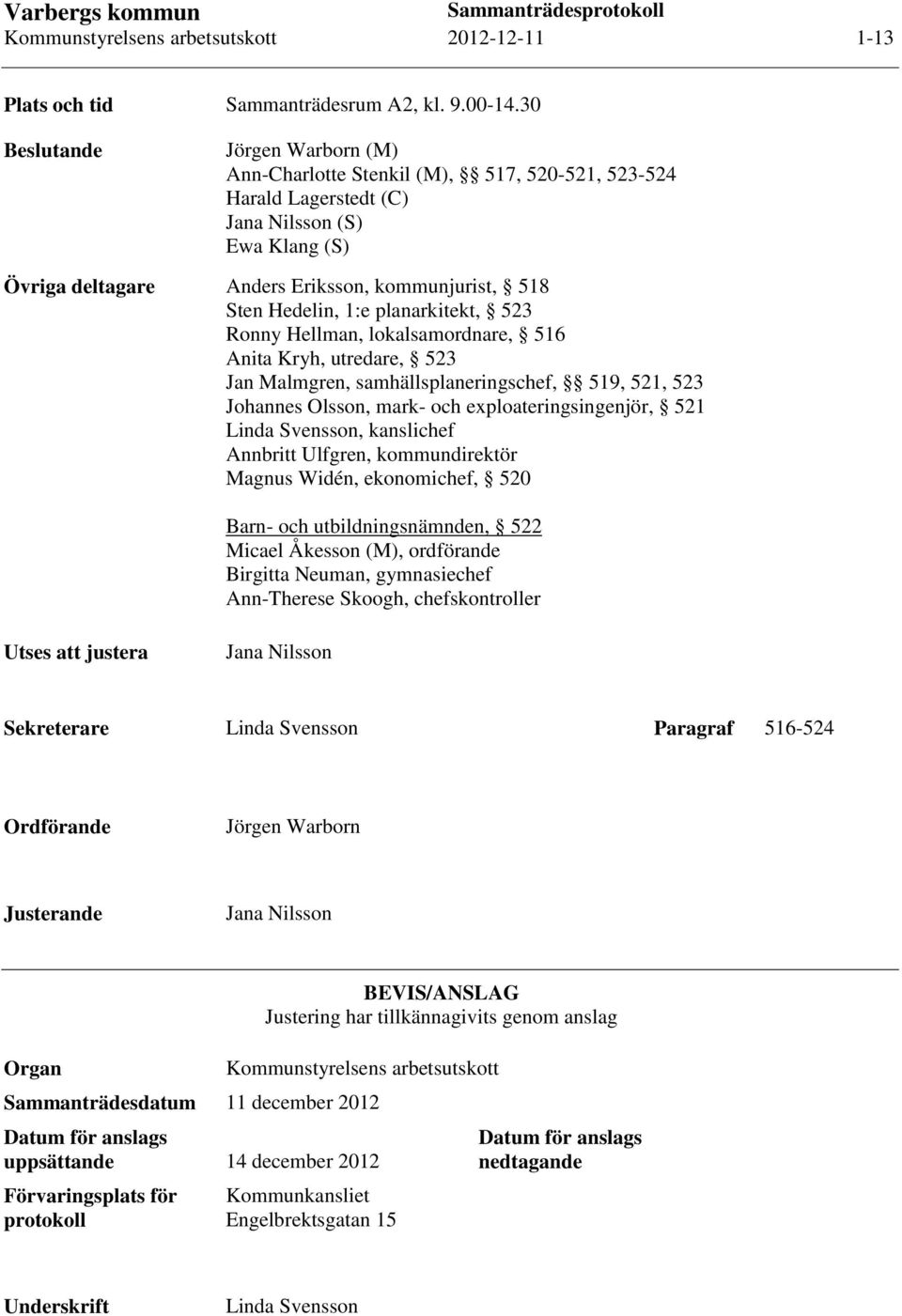 Hedelin, 1:e planarkitekt, 523 Ronny Hellman, lokalsamordnare, 516 Anita Kryh, utredare, 523 Jan Malmgren, samhällsplaneringschef, 519, 521, 523 Johannes Olsson, mark- och exploateringsingenjör, 521