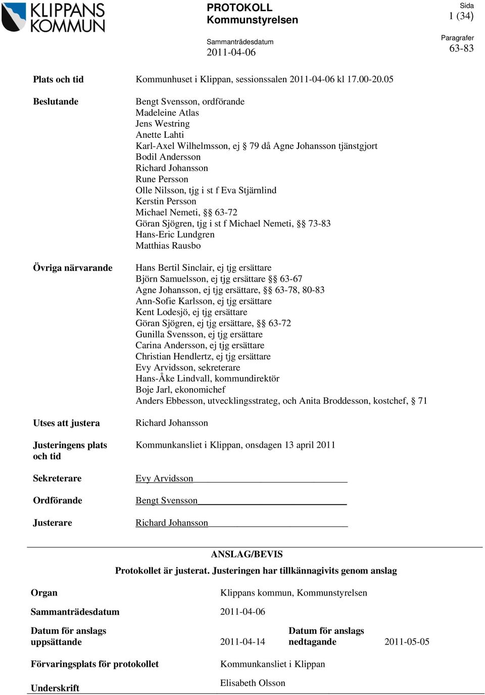 Wilhelmsson, ej 79 då Agne Johansson tjänstgjort Bodil Andersson Richard Johansson Rune Persson Olle Nilsson, tjg i st f Eva Stjärnlind Kerstin Persson Michael Nemeti, 63-72 Göran Sjögren, tjg i st f