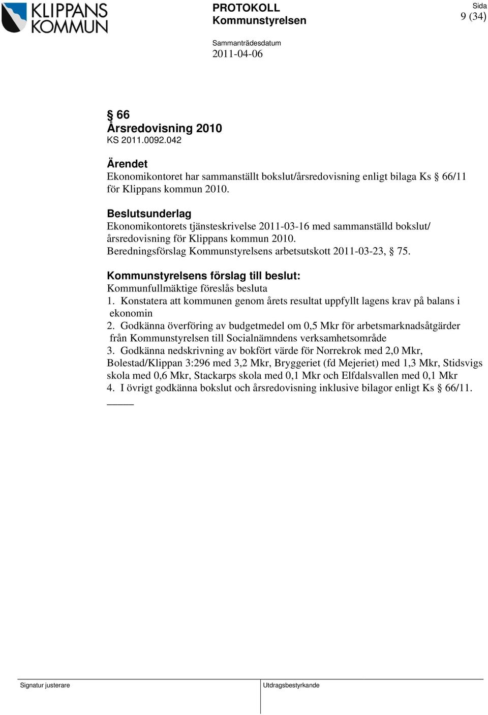 Beslutsunderlag Ekonomikontorets tjänsteskrivelse 2011-03-16 med sammanställd bokslut/ årsredovisning för Klippans kommun 2010. Beredningsförslag Kommunstyrelsens arbetsutskott 2011-03-23, 75.
