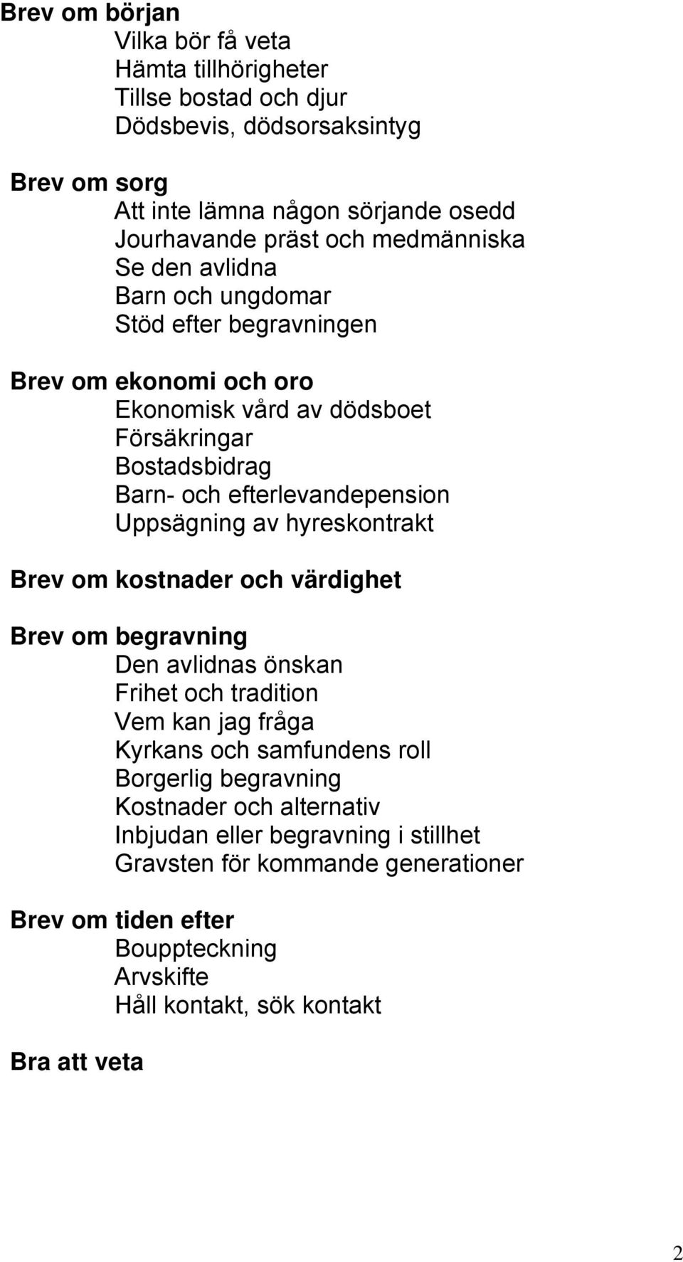 Uppsägning av hyreskontrakt Brev om kostnader och värdighet Brev om begravning Den avlidnas önskan Frihet och tradition Vem kan jag fråga Kyrkans och samfundens roll Borgerlig