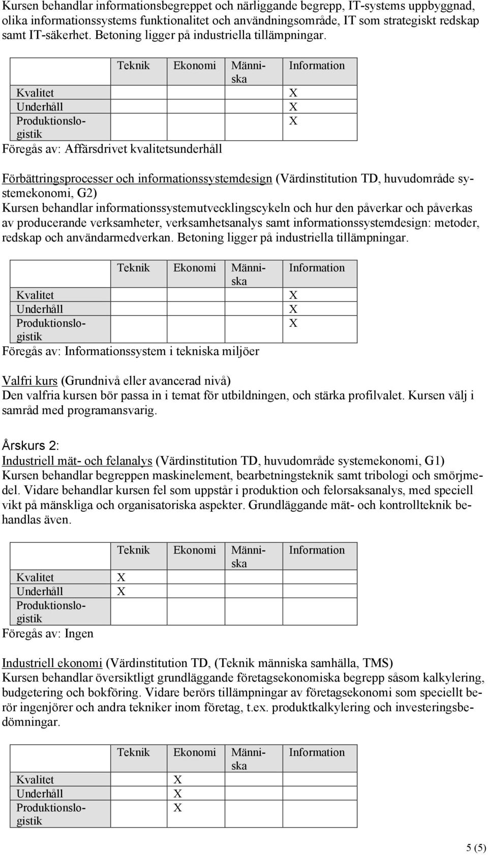 Föregås av: Affärsdrivet kvalitetsunderhåll Förbättringsprocesser och informationssystemdesign (Värdinstitution TD, huvudområde systemekonomi, G2) Kursen behandlar informationssystemutvecklingscykeln