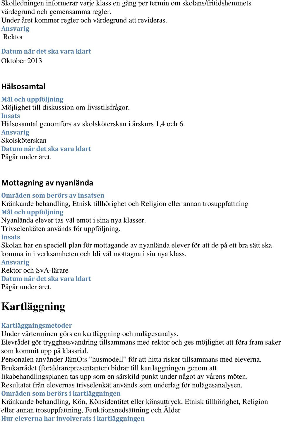Mottagning av nyanlända Områden som berörs av insatsen Kränkande behandling, Etnisk tillhörighet och Religion eller annan trosuppfattning Nyanlända elever tas väl emot i sina nya klasser.