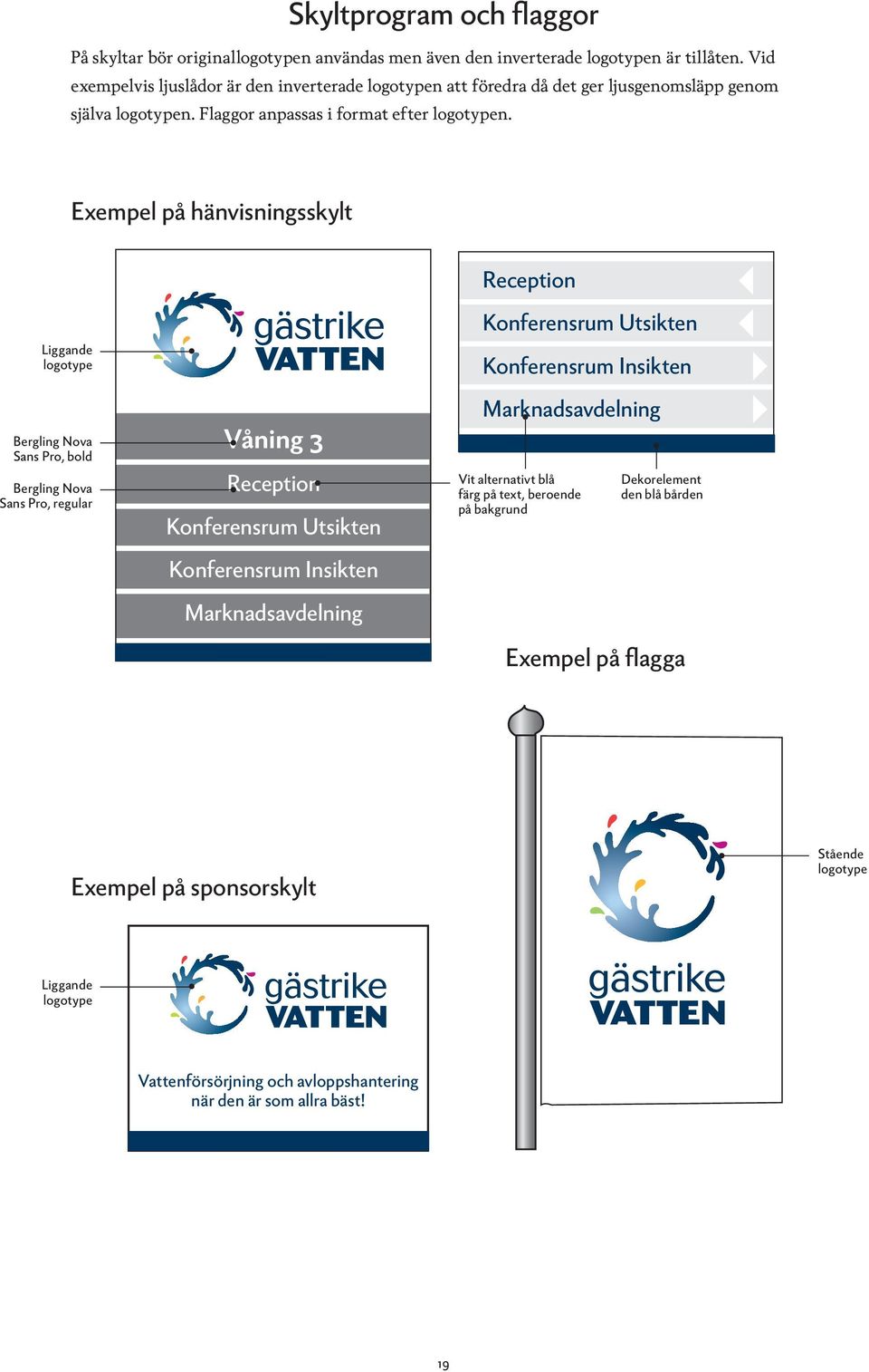 Exempel på hänvisningsskylt Reception Liggande logotype Bergling Nova Sans Pro, bold Bergling Nova Sans Pro, regular Våning 3 Reception Konferensrum Utsikten Konferensrum Insikten