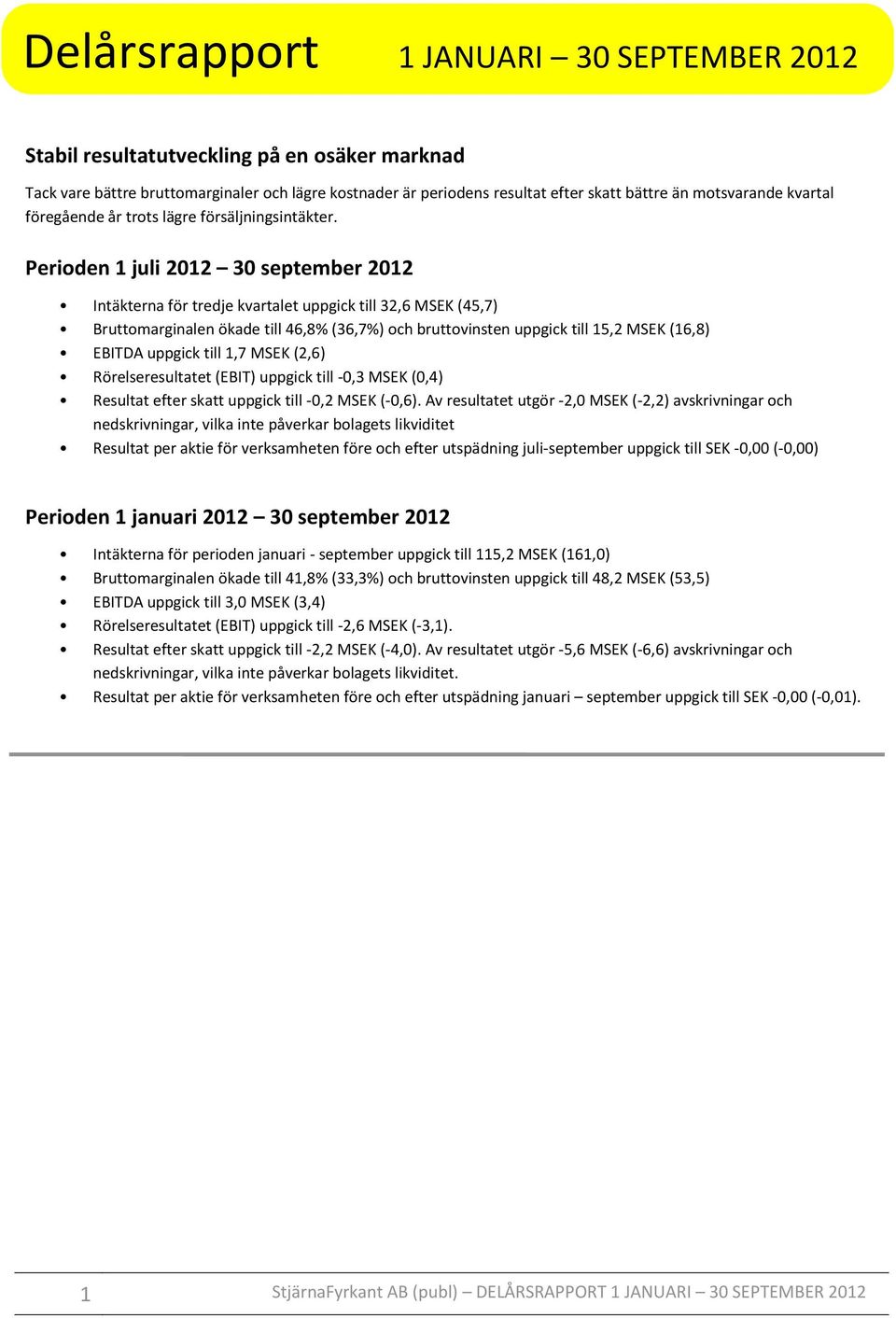 Perioden 1 juli 30 september Intäkterna för tredje kvartalet uppgick till 32,6 MSEK (45,7) Bruttomarginalen ökade till 46,8% (36,7%) och bruttovinsten uppgick till 15,2 MSEK (16,8) EBITDA uppgick