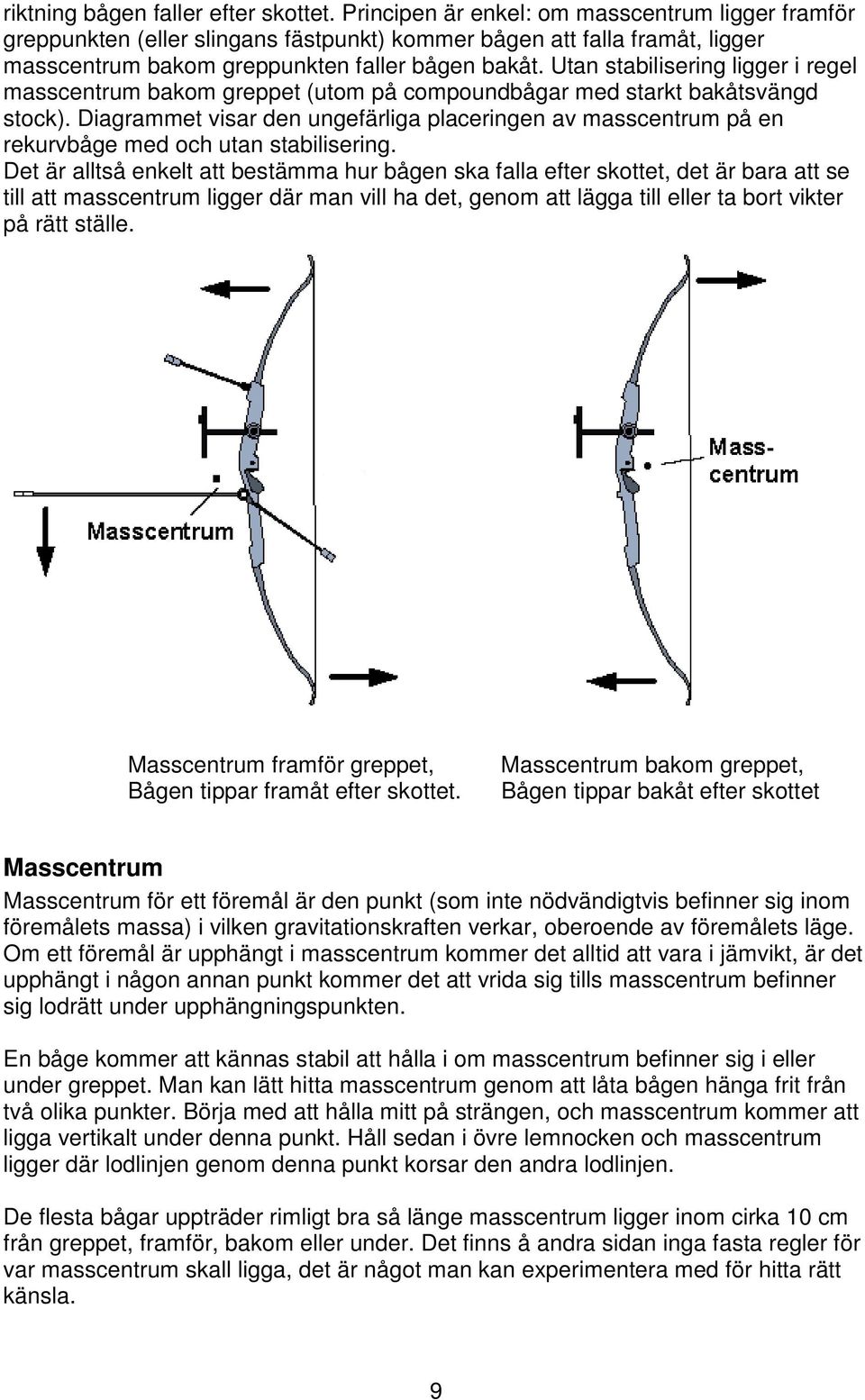 Utan stabilisering ligger i regel masscentrum bakom greppet (utom på compoundbågar med starkt bakåtsvängd stock).