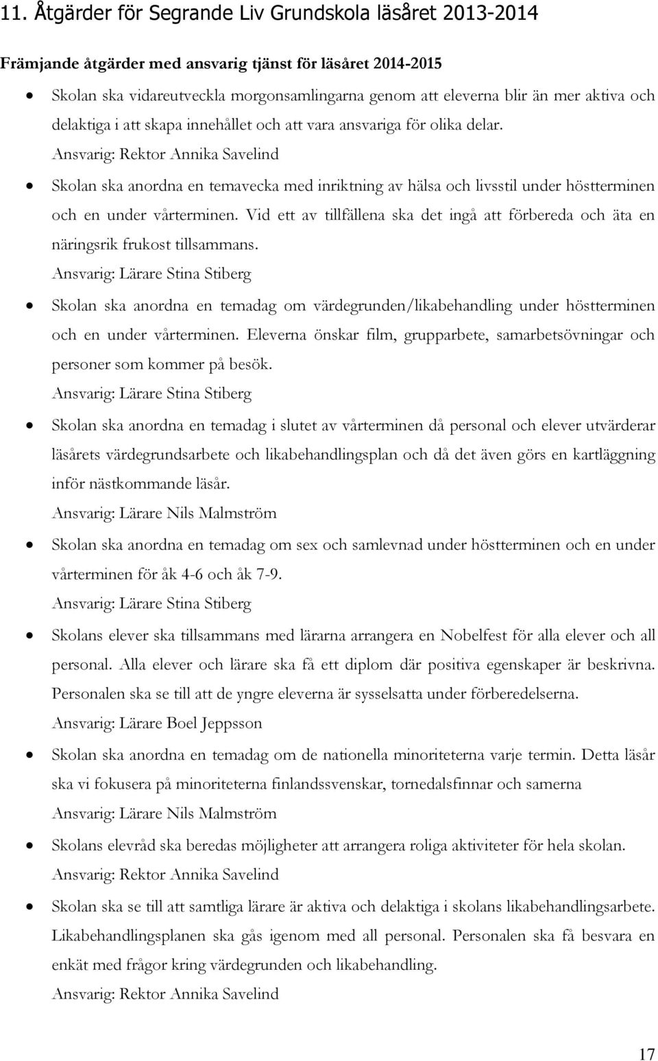 Ansvarig: Rektor Annika Savelind Skolan ska anordna en temavecka med inriktning av hälsa och livsstil under höstterminen och en under vårterminen.
