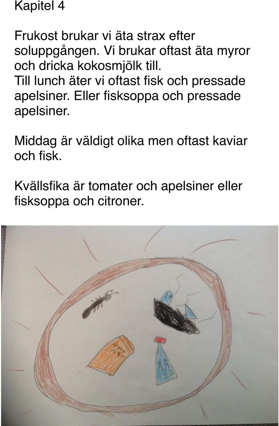 Till lunch äter vi oftast fisk och pressade apelsiner.