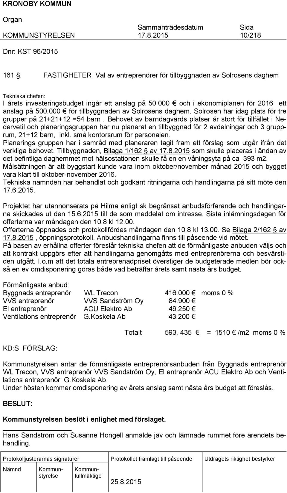 000 för tillbyggnaden av Solrosens daghem. Solrosen har idag plats för tre grupper på 21+21+12 =54 barn.