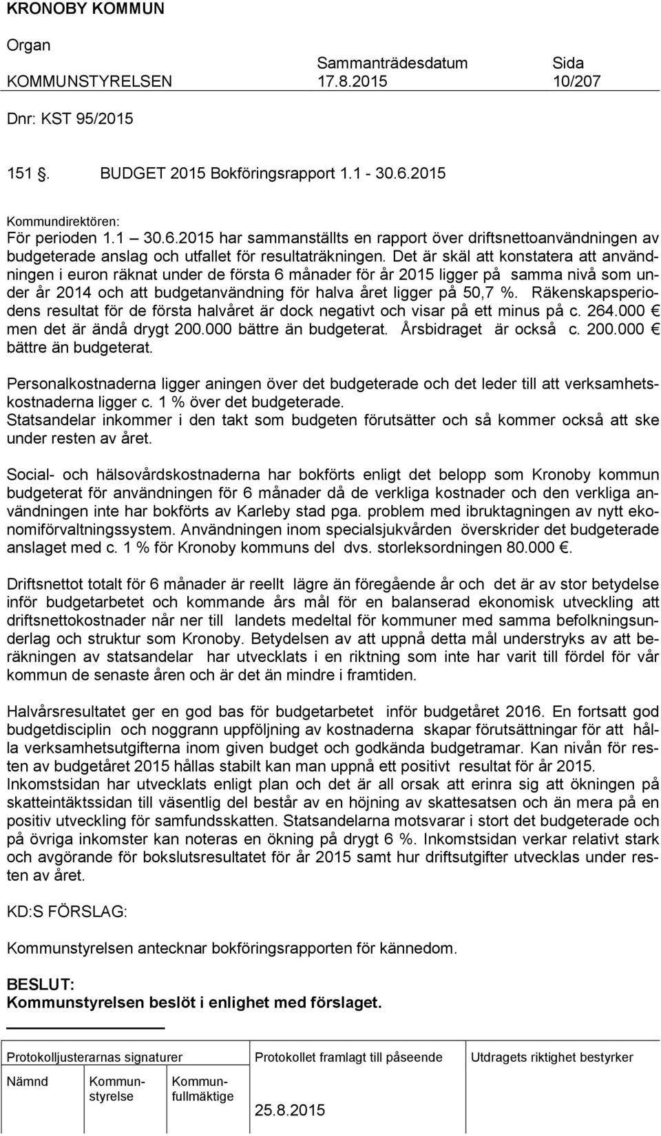 Räkenskapsperiodens resultat för de första halvåret är dock negativt och visar på ett minus på c. 264.000 men det är ändå drygt 200.000 bättre än budgeterat.