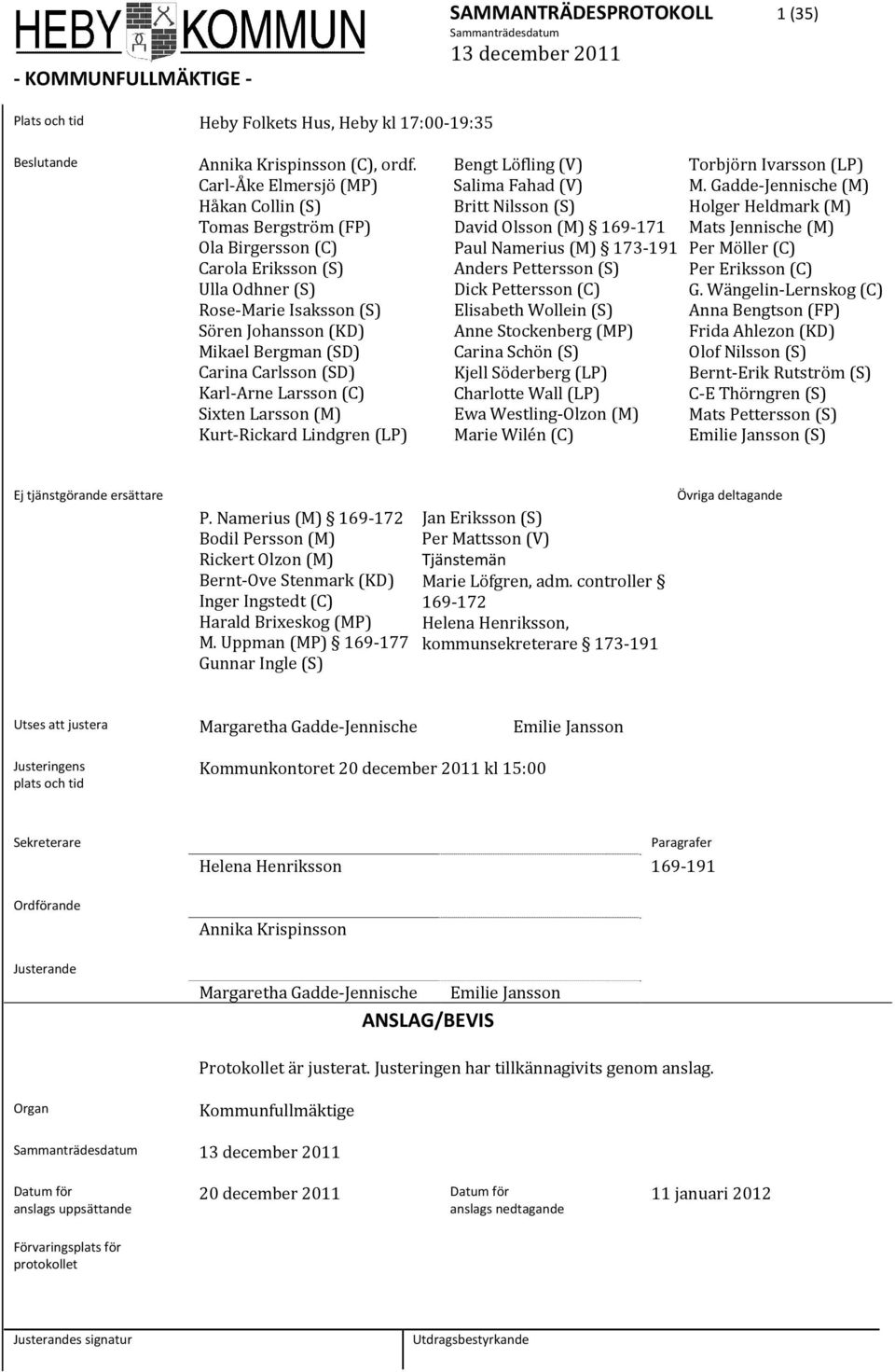 (SD) Karl Arne Larsson (C) Sixten Larsson (M) Kurt Rickard Lindgren (LP) Bengt Löfling (V) Salima Fahad (V) Britt Nilsson (S) David Olsson (M) 169 171 Paul Namerius (M) 173 191 Anders Pettersson (S)