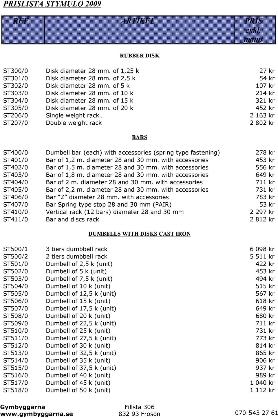 of 20 k 452 kr ST206/0 Single weight rack 2 163 kr ST207/0 Double weight rack 2 802 kr BARS ST400/0 Dumbell bar (each) with accessories (spring type fastening) 278 kr ST401/0 Bar of 1,2 m.