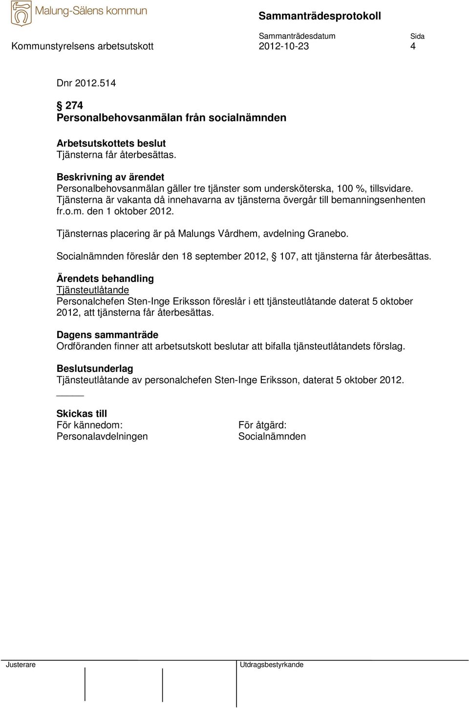 Tjänsternas placering är på Malungs Vårdhem, avdelning Granebo. Socialnämnden föreslår den 18 september 2012, 107, att tjänsterna får återbesättas.