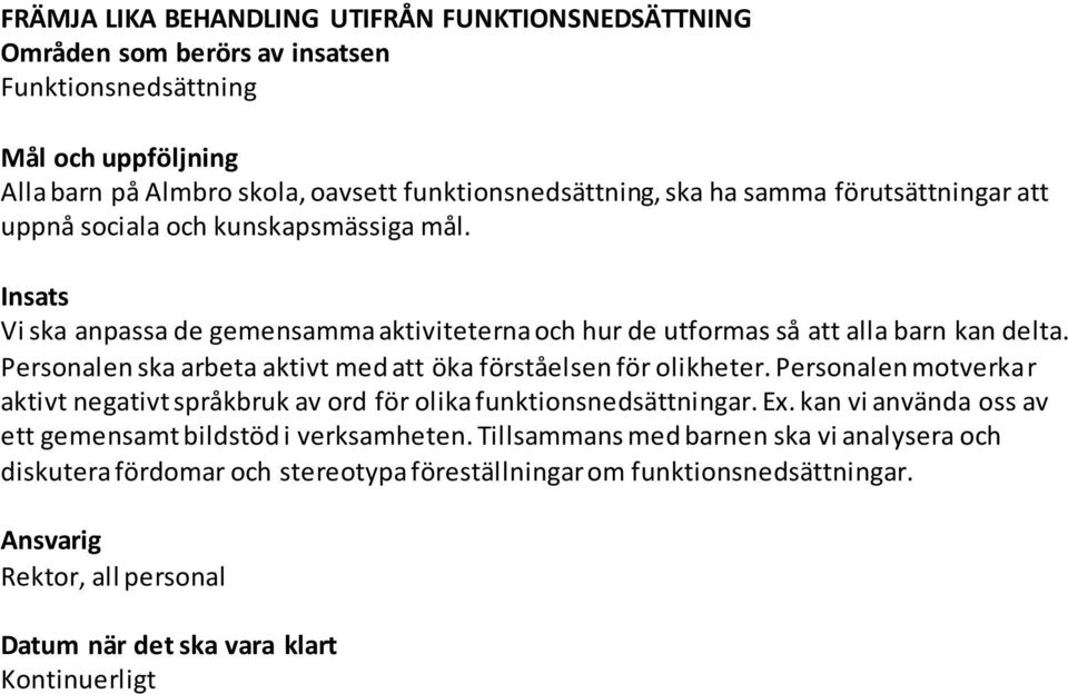 Personalen ska arbeta aktivt med att öka förståelsen för olikheter. Personalen motverkar aktivt negativt språkbruk av ord för olika funktionsnedsättningar. Ex.