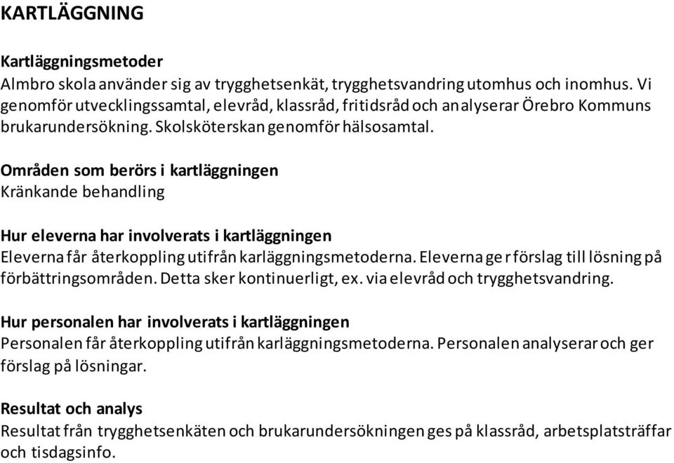 Områden som berörs i kartläggningen Kränkande behandling Hur eleverna har involverats i kartläggningen Eleverna får återkoppling utifrån karläggningsmetoderna.