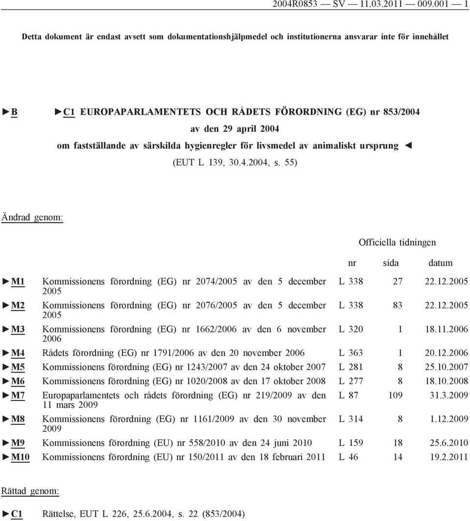 fastställande av särskilda hygienregler för livsmedel av animaliskt ursprung (EUT L 139, 30.4.2004, s.