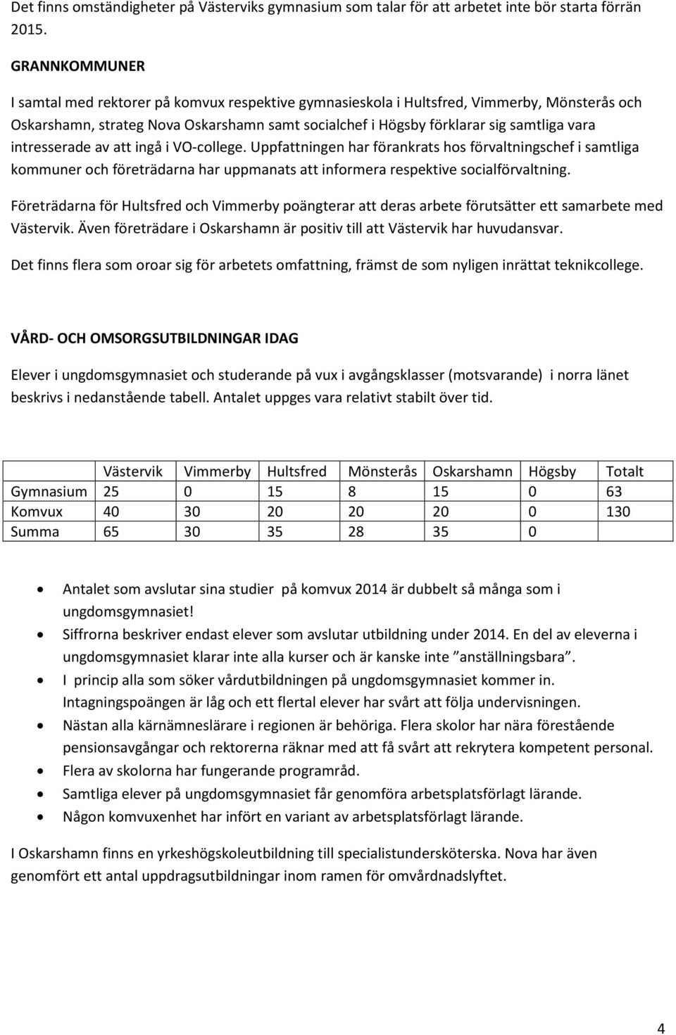 intresserade av att ingå i VO-college. Uppfattningen har förankrats hos förvaltningschef i samtliga kommuner och företrädarna har uppmanats att informera respektive socialförvaltning.