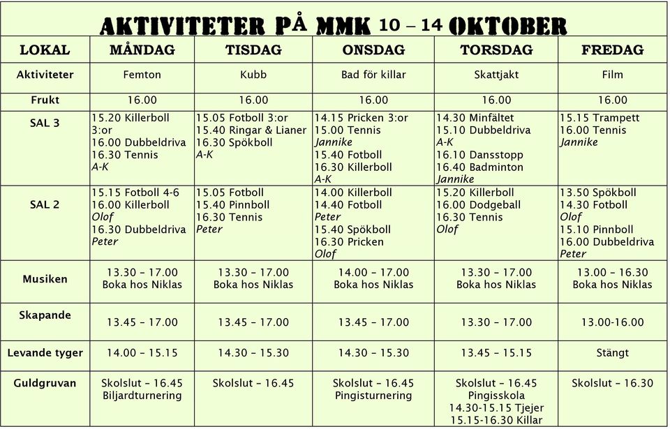 40 Pinnboll 16.30 Tennis 13.30 17.00 14.15 Pricken 3:or 15.00 Tennis Jannike 15.40 Fotboll 16.30 Killerboll 14.00 Killerboll 14.40 Fotboll 15.40 Spökboll 16.30 Pricken 14.00 17.00 14.30 Minfältet 15.