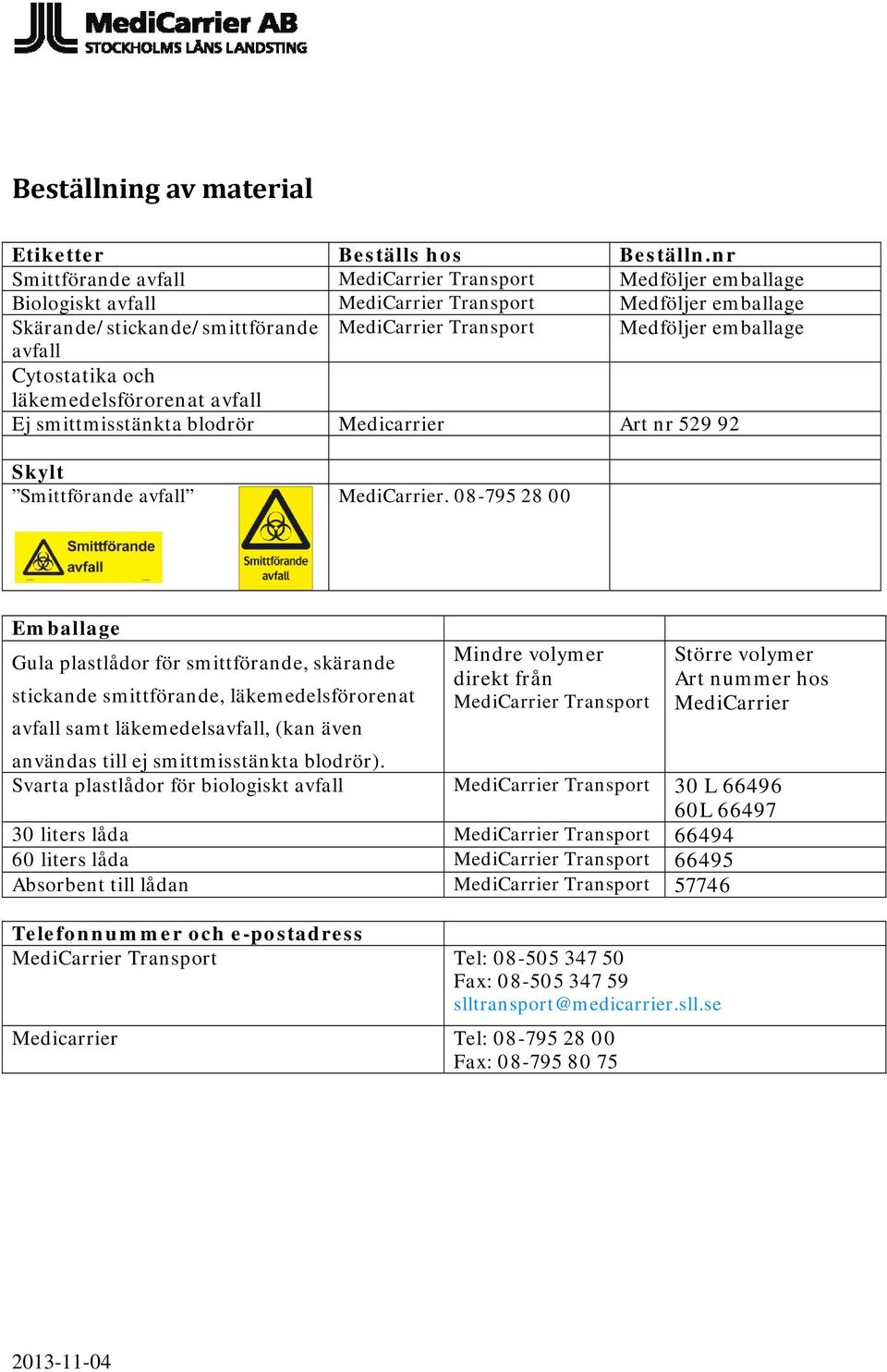 avfall Cytostatika och läkemedelsförorenat avfall Ej smittmisstänkta blodrör Medicarrier Art nr 529 92 Skylt Smittförande avfall MediCarrier.