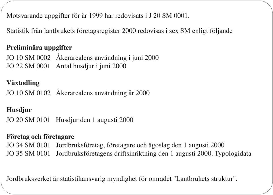 JO 22 SM 0001 Antal husdjur i juni 2000 Växtodling JO 10 SM 0102 Åkerarealens användning år 2000 Husdjur JO 20 SM 0101 Husdjur den 1 augusti 2000 Företag och