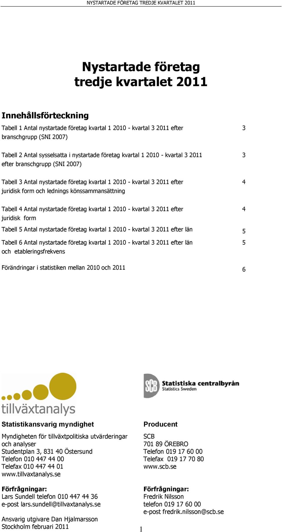 4 Antal nystartade företag kvartal 1 2010 - kvartal 3 2011 efter juridisk form 4 Tabell 5 Antal nystartade företag kvartal 1 2010 - kvartal 3 2011 efter län 5 Tabell 6 Antal nystartade företag