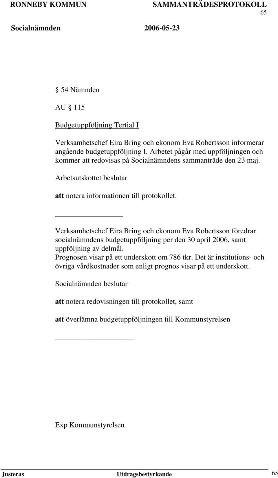 Verksamhetschef Eira Bring och ekonom Eva Robertsson föredrar socialnämndens budgetuppföljning per den 30 april 2006, samt uppföljning av delmål.