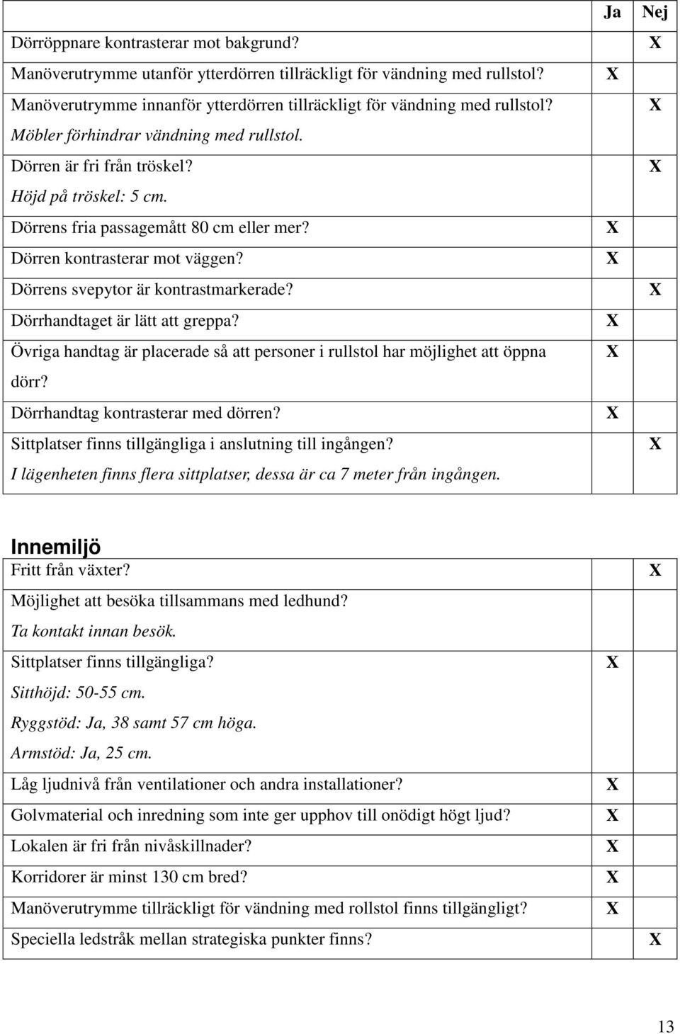 Dörrens svepytor är kontrastmarkerade? Dörrhandtaget är lätt att greppa? Övriga handtag är placerade så att personer i rullstol har möjlighet att öppna dörr? Dörrhandtag kontrasterar med dörren?