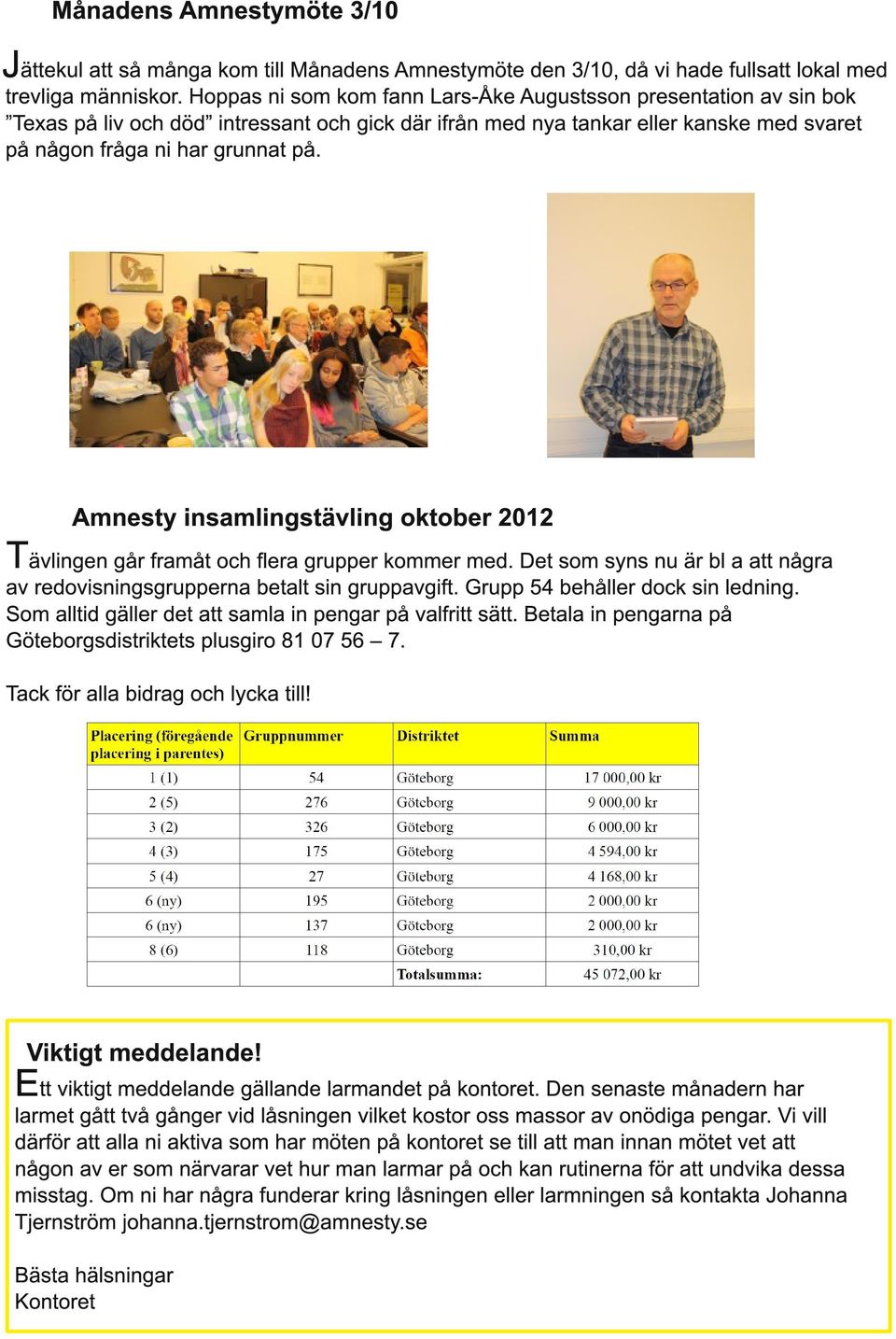 Amnesty insamlingstävling oktober 201 2 Tävlingen går framåt och flera grupper kommer med. Det som syns nu är bl a att några av redovisningsgrupperna betalt sin gruppavgift.